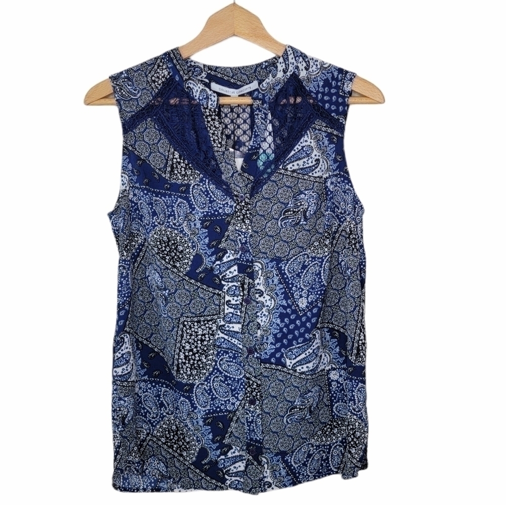NWT Stitch Fix Collective Concepts Blue Paisley Print Keke Blouse Lace Sz Small